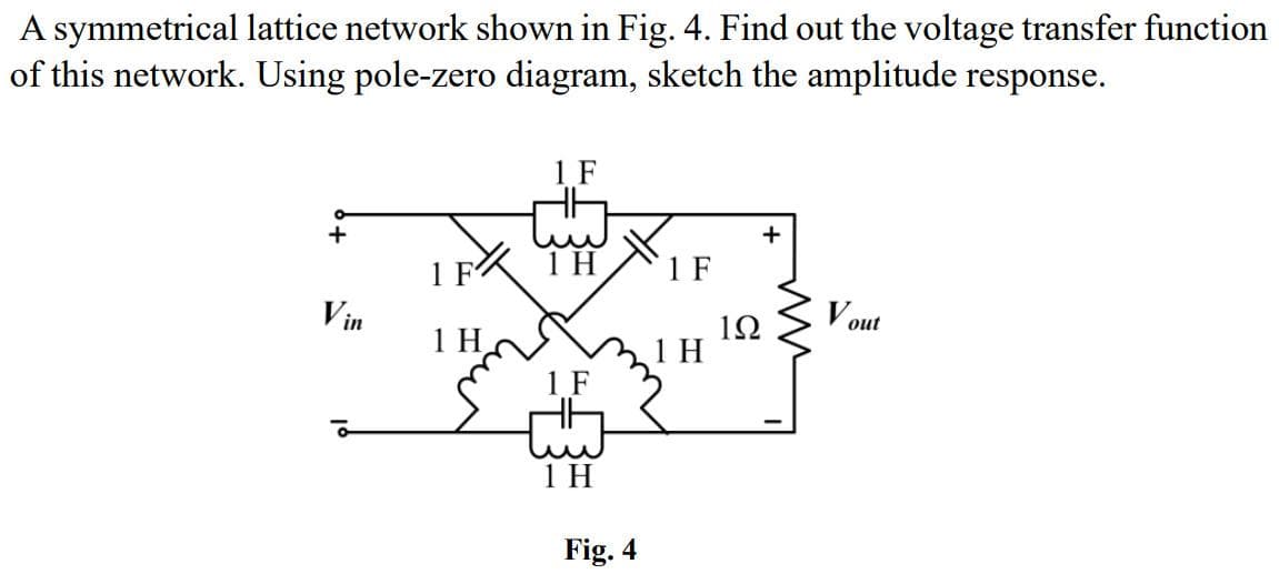 A symmetrical lattice network shown in Fig. 4. Find out the voltage transfer function
of this network. Using pole-zero diagram, sketch the amplitude response.
1 F
+
+
1 FX TH
1 F
Vin
1 H
Vout
1Ω
1 H
1 F
1 H
Fig. 4
