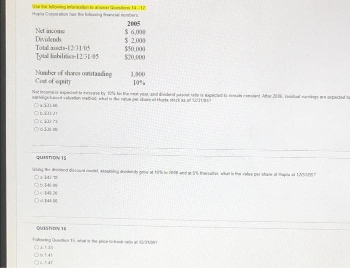 Use the following information to answer Questions 14 - 17.
Hupta Corporation has the following financial numbers.
2005
$ 6,000
$ 2,000
$50,000
$20,000
Net income
Dividends
Total assets-12/31/05
Total liabilities-1231 o5
Number of shares outstanding
Cost of equity
1,000
10%
Net income is expected to increase by 10% for the next year, and dividend payout ratio is expected to remain constant. Alter 2006, residual earnings are expected tow
earnings-based valuation method, what is the value per share of Hupta stock as of 12/31/05?
Oa. 533.60
Ob.S33.27
OC 532.73
Od. $30.00
QUESTION 15
Using the dividend discount model, assuming dividends grow at 10% in 2006 and at 5% thereafter, what is the value per share of Hupta at 12/31/05?
Oa. 542.18
O b. $40.00
OG $48 20
O d.$44.00
QUESTION 16
Following Question 15, what is the price-to-book ratio at 12/31/05?
Oa 133
Ob.141
Oc147
