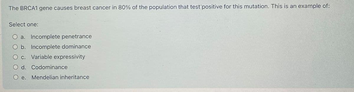 The BRCA1 gene causes breast cancer in 80% of the population that test positive for this mutation. This is an example of:
Select one:
O a. Incomplete penetrance
O b. Incomplete dominance
O c. Variable expressivity
O d. Codominance
Oe. Mendelian inheritance