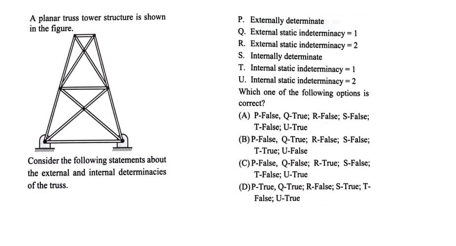 A planar truss tower structure is shown
in the figure.
P. Externally determinate
Q. External static indeterminacy = 1
R. External static indeterminacy = 2
S. Internally determinate
T. Internal static indeterminacy =1
U. Internal static indeterminacy = 2
Which one of the following options is
correct?
(A) P-False, Q-True; R-False; S-False;
T-False; U-True
(B) P-False, Q-True; R-False; S-False;
T-True; U-False
Consider the following statements aboout
(C) P-False, Q-False; R-True; S-False;
T-False; U-True
the external and internal determinacies
of the truss.
(D)P-True, Q-True; R-False; S-True; T-
False; U-True
