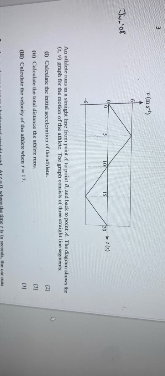 v (m s-')
Jun'o8
10
10
15
>t (s)
20
An athlete runs in a straight line from point A to point B, and back to point A. The diagram shows the
(t, v) graph for the motion of the athlete. The graph consists of three straight line segments.
(i) Calculate the initial acceleration of the athlete.
[2]
(ii) Calculate the total distance the athlete runs.
[3]
(iii) Calculate the velocity of the athlete when t = 17.
[3]
the time t is in seconds, the car runs
