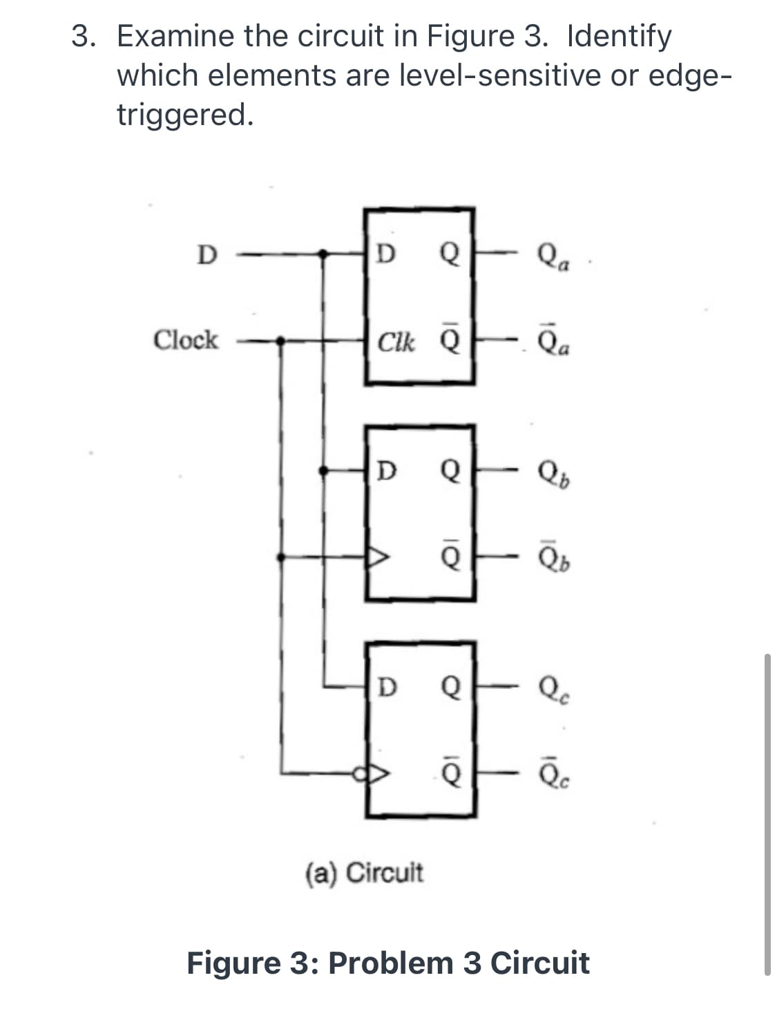 3. Examine the circuit in Figure 3. Identify
which elements are level-sensitive or edge-
triggered.
D
D
Qa
Clock
Clk Q
D
Qb
Q
Qb
D
Q
Q.
(a) Circuit
Figure 3: Problem 3 Circuit
