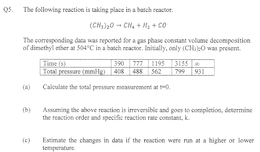 Q5.
The following reaction is taking place in a batch reactor.
(CH3)20 → CH4 + H2 + CO
The corresponding data was reported for a gas phase constant volume decomposition
of dimethyl ether at 504°C in a batch reactor. Initially, only (CH3)2O was present.
Time (s)
390
777
1195
3155
|Total pressure (mmHg)
408
488
562
799
931
(a)
Calculate the total pressure measurement at t=0.
(b)
Assuming the above reaction is irreversible and goes to completion, determine
the reaction order and specific reaction rate constant, k.
Estimate the changes in data if the reaction were run at a higher or lower
temperature.
(c)
