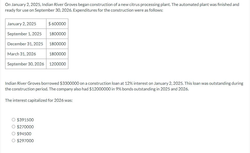 On January 2, 2025, Indian River Groves began construction of a new citrus processing plant. The automated plant was finished and
ready for use on September 30, 2026. Expenditures for the construction were as follows:
January 2, 2025
September 1, 2025
December 31, 2025
March 31, 2026
September 30, 2026
$ 600000
1800000
1800000
O $391500
O $270000
O $94500
O $297000
1800000
1200000
Indian River Groves borrowed $3300000 on a construction loan at 12% interest on January 2, 2025. This loan was outstanding during
the construction period. The company also had $12000000 in 9% bonds outstanding in 2025 and 2026.
The interest capitalized for 2026 was: