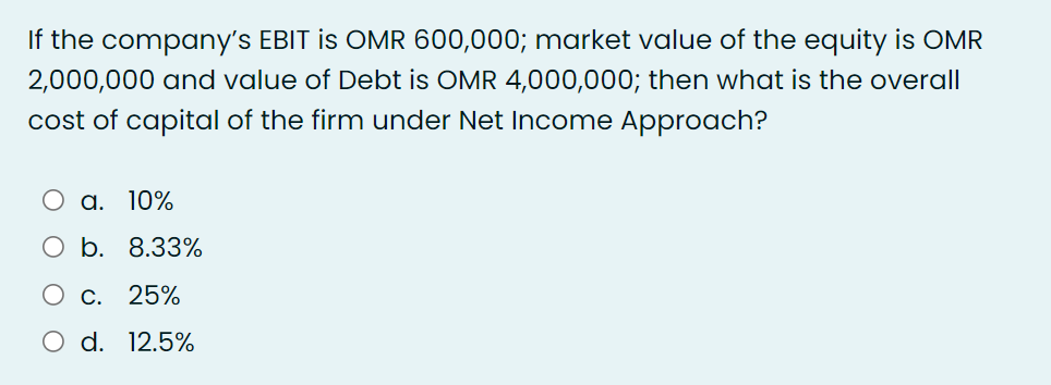 If the company's EBIT is OMR 600,000; market value of the equity is OMR
2,000,000 and value of Debt is OMR 4,000,000; then what is the overall
cost of capital of the firm under Net Income Approach?
а. 10%
O b. 8.33%
Ос.
25%
O d. 12.5%
