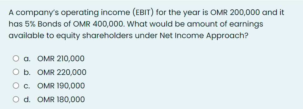 A company's operating income (EBIT) for the year is OMR 200,000 and it
has 5% Bonds of OMR 400,000. What would be amount of earnings
available to equity shareholders under Net Income Approach?
O a. OMR 210,000
O b. OMR 220,000
O c. OMR 190,000
O d. OMR 180,000
