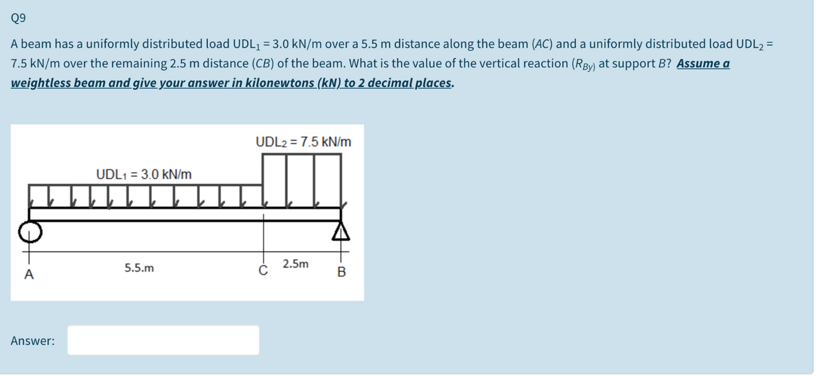 Q9
A beam has a uniformly distributed load UDL1 =3.0 kN/m over a 5.5 m distance along the beam (AC) and a uniformly distributed load UDL2 =
7.5 kN/m over the remaining 2.5 m distance (CB) of the beam. What is the value of the vertical reaction (RBy) at support B? Assume a
weightless beam and give your answer in kilonewtons (kN) to 2 decimal places.
UDL2 = 7.5 kN/m
UDL1 = 3.0 kN/m
11
5.5.m
2.5m
А
Answer:
