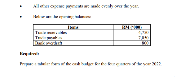 All other expense payments are made evenly over the year.
Below are the opening balances:
Items
RM (*000)
Trade receivables
Trade payables
Bank overdraft
4,750
7,050
800
Required:
Prepare a tabular form of the cash budget for the four quarters of the year 2022.
