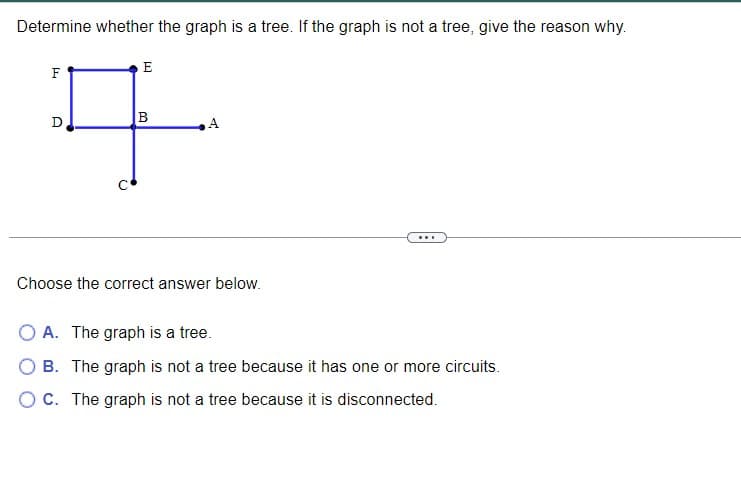 Determine whether the graph is a tree. If the graph is not a tree, give the reason why.
F
D
E
(1)
B
T!
Choose the correct answer below.
...
O A. The graph is a tree.
B. The graph is not a tree because it has one or more circuits.
OC. The graph is not a tree because it is disconnected.