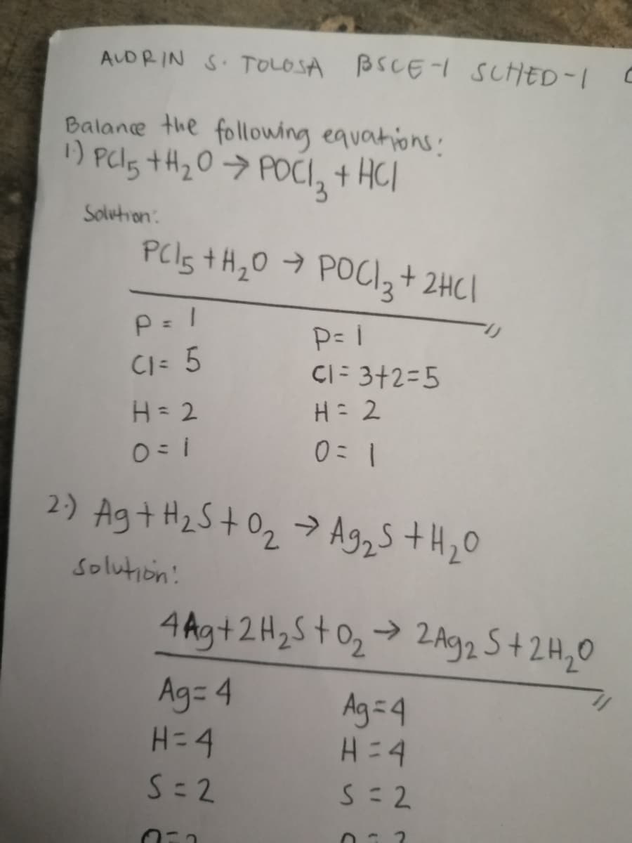 ALDRIN S TOLOSA BSCE -l SCHED-I c
Balane the following equations:
) Pcls +H20> POCI, + HCI
Solution:
PCls t H,0 → POCI3+ 2HC|
P= 1
CI= 5
P= i
CI= 3+2=5
H = 2
H= 2
O= i
2) Agt HzS+ Oz> Ag2s+H20
solutión!
4Ag+2H25+02> 2Ag2 S+2H,0
Ag= 4
H= 4
Ag =4
H= 4
S= 2
S= 2
