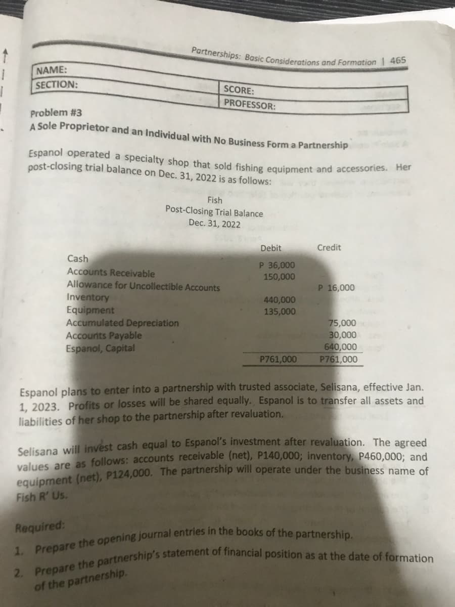 1
1
.
NAME:
SECTION:
Partnerships: Basic Considerations and Formation 465
Problem #3
A Sole Proprietor and an Individual with No Business Form a Partnership
SCORE:
PROFESSOR:
Espanol operated a specialty shop that sold fishing equipment and accessories. Her
post-closing trial balance on Dec. 31, 2022 is as follows:
Accounts Payable
Espanol, Capital
Cash
Accounts Receivable
Allowance for Uncollectible Accounts
Inventory
Equipment
Accumulated Depreciation
Fish
Post-Closing Trial Balance
Dec. 31, 2022
Debit
P 36,000
150,000
440,000
135,000
P761,000
Credit
P 16,000
75,000
30,000
640,000
P761,000
Espanol plans to enter into a partnership with trusted associate, Selisana, effective Jan.
1, 2023. Profits or losses will be shared equally., Espanol is to transfer all assets and
liabilities of her shop to the partnership after revaluation.
Selisana will invest cash equal to Espanol's investment after revaluation. The agreed
values are as follows: accounts receivable (net), P140,000; inventory, P460,000; and
equipment (net), P124,000. The partnership will operate under the business name of
Fish R' Us.
Required:
1. Prepare the opening journal entries in the books of the partnership.
2. Prepare the partnership's statement of financial position as at the date of formation
of the partnership.
