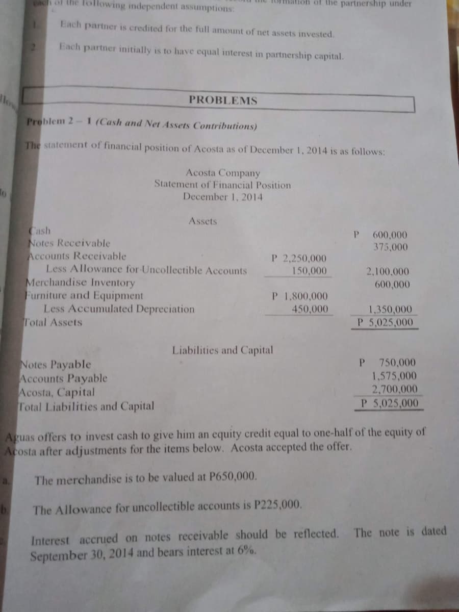 a.
1.
b.
2
of the following independent assumptions:
Each partner is credited for the full amount of net assets invested.
Each partner initially is to have equal interest in partnership capital.
Cash
Notes Receivable
Problem 2-1 (Cash and Net Assets Contributions)
The statement of financial position of Acosta as of December 1, 2014 is as follows:
Merchandise Inventory
Furniture and Equipment
PROBLEMS
Accounts Receivable
Less Allowance for Uncollectible Accounts
Total Assets
the formation of the partnership under
Acosta Company
Statement of Financial Position
December 1, 2014
Assets
Less Accumulated Depreciation
Notes Payable
Accounts Payable
Acosta, Capital
Total Liabilities and Capital
P 2,250,000
150,000
P 1,800,000
450,000
Liabilities and Capital
P
600,000
375,000
2,100,000
600,000
1,350,000
P 5,025,000
P
750,000
1,575,000
2,700,000
P 5,025,000
Aguas offers to invest cash to give him an equity credit equal to one-half of the equity of
Acosta after adjustments for the items below. Acosta accepted the offer
The merchandise is to be valued at P650,000.
The Allowance for uncollectible accounts is P225,000.
Interest accrued on notes receivable should be reflected.
September 30, 2014 and bears interest at 6%.
The note is dated