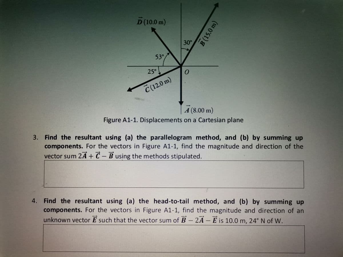 D (10.0 m)
30°
53°
25°
C(12.0 m)
A (8.00 m)
Figure A1-1. Displacements on a Cartesian plane
3. Find the resultant using (a) the parallelogram method, and (b) by summing up
components. For the vectors in Figure A1-1, find the magnitude and direction of the
vector sum 2A + C - B using the methods stipulated.
4. Find the resultant using (a) the head-to-tail method, and (b) by summing up
components. For the vectors in Figure A1-1, find the magnitude and direction of an
unknown vector E such that the vector sum of B- 2A - E is 10.0 m, 24° N of W.
B(15.0 m)
