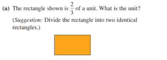 2
(a) The rectangle shown is – of a unit. What is the unit?
(Suggestion: Divide the rectangle into two identical
rectangles.)
