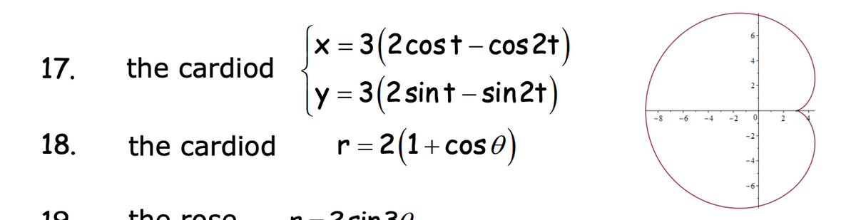 3(2cost-cos 2t)
y = 3(2 sint - sin2t)
r = 2(1+cos e)
6-
X =
17.
the cardiod
2
2
--
--
-4
-2
-2-
18.
the cardiod
-4
-6-
tho r oro
2 cin 30
10
