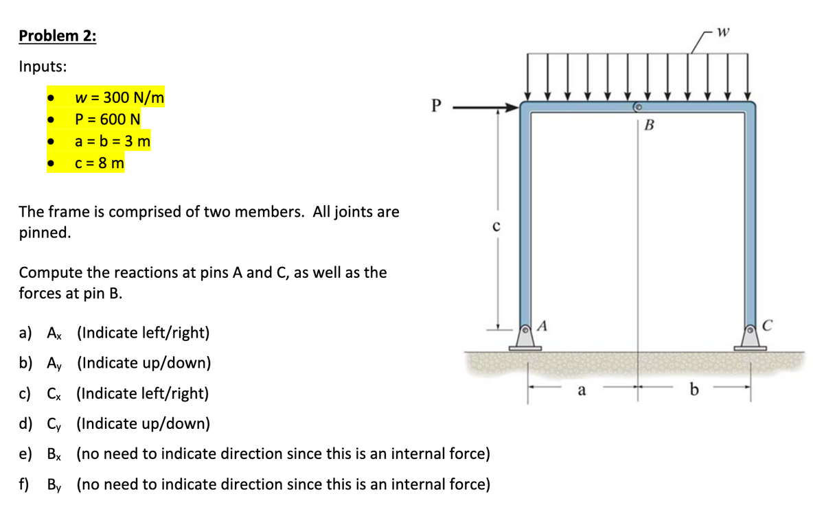 Problem 2:
Inputs:
●
●
●
w = 300 N/m
P = 600 N
a = b = 3 m
c = 8 m
The frame is comprised of two members. All joints are
pinned.
Compute the reactions at pins A and C, as well as the
forces at pin B.
P
a) Ax (Indicate left/right)
b) Ay (Indicate up/down)
c) Cx (Indicate left/right)
d) Cy (Indicate up/down)
e) Bx (no need to indicate direction since this is an internal force)
f) By (no need to indicate direction since this is an internal force)
с
a
(O
B
- b
W
C