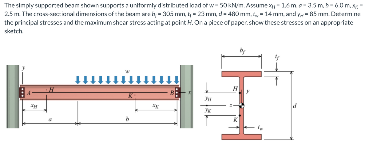 The simply supported beam shown supports a uniformly distributed load of w = 50 kN/m. Assume x = 1.6 m, a = 3.5 m, b = 6.0 m, xk =
2.5 m. The cross-sectional dimensions of the beam are b₁ = 305 mm, t₁ = 23 mm, d = 480 mm, tw = 14 mm, and y = 85 mm. Determine
the principal stresses and the maximum shear stress acting at point H. On a piece of paper, show these stresses on an appropriate
sketch.
ΧΗ
พ
bf
H
H
B
K
Ун
XK
Ук
b
K
a
tw
d