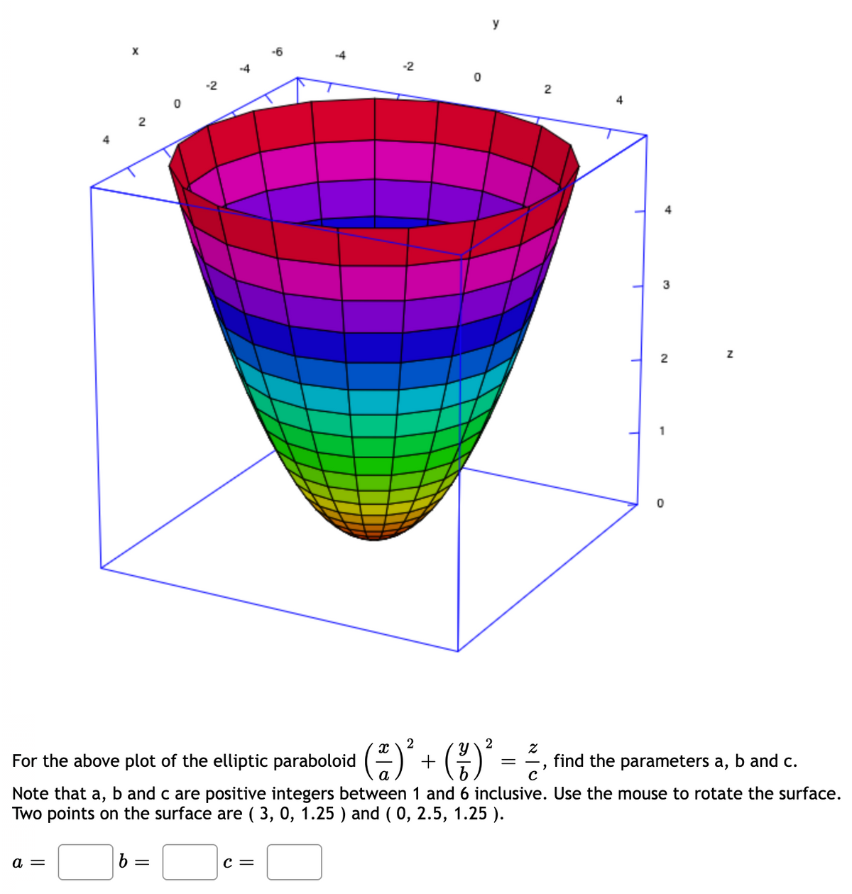 y
-2
4
3
2
()' + (;)' = -
2
For the above plot of the elliptic paraboloid
find the parameters a, b and c.
Note that a, b and c are positive integers between 1 and 6 inclusive. Use the mouse to rotate the surface.
Two points on the surface are ( 3, 0, 1.25 ) and ( 0, 2.5, 1.25 ).
a =
b =
c =
2.
