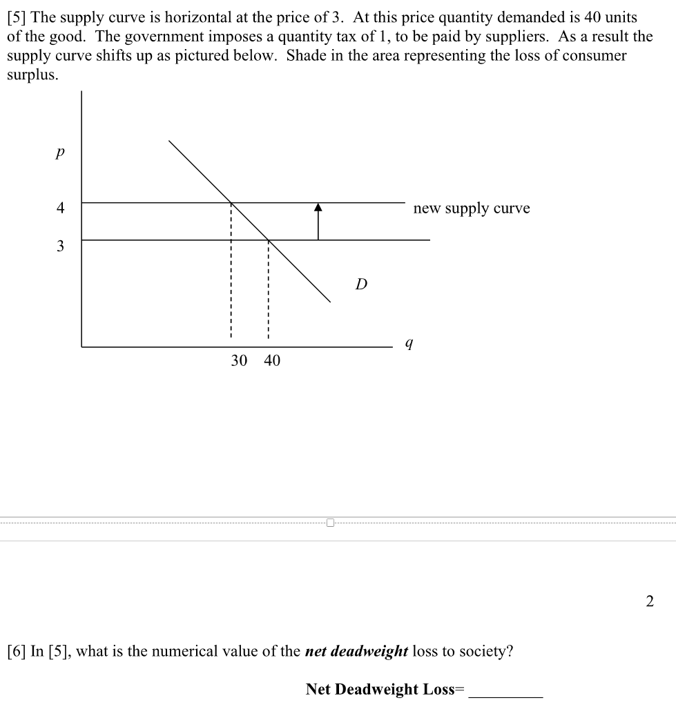 [5] The supply curve is horizontal at the price of 3. At this price quantity demanded is 40 units
of the good. The government imposes a quantity tax of 1, to be paid by suppliers. As a result the
supply curve shifts up as pictured below. Shade in the area representing the loss of consumer
surplus.
р
4
3
D
q
30 40
new supply curve
[6] In [5], what is the numerical value of the net deadweight loss to society?
Net Deadweight Loss=
2