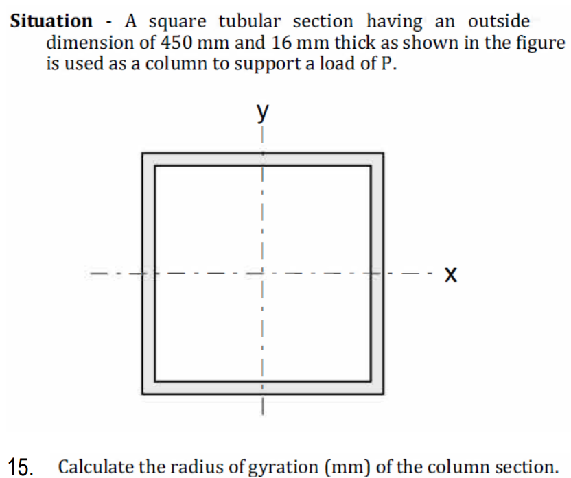 Situation - A square tubular section having an outside
dimension of 450 mm and 16 mm thick as shown in the figure
is used as a column to support a load of P.
y
15. Calculate the radius of gyration (mm) of the column section.
