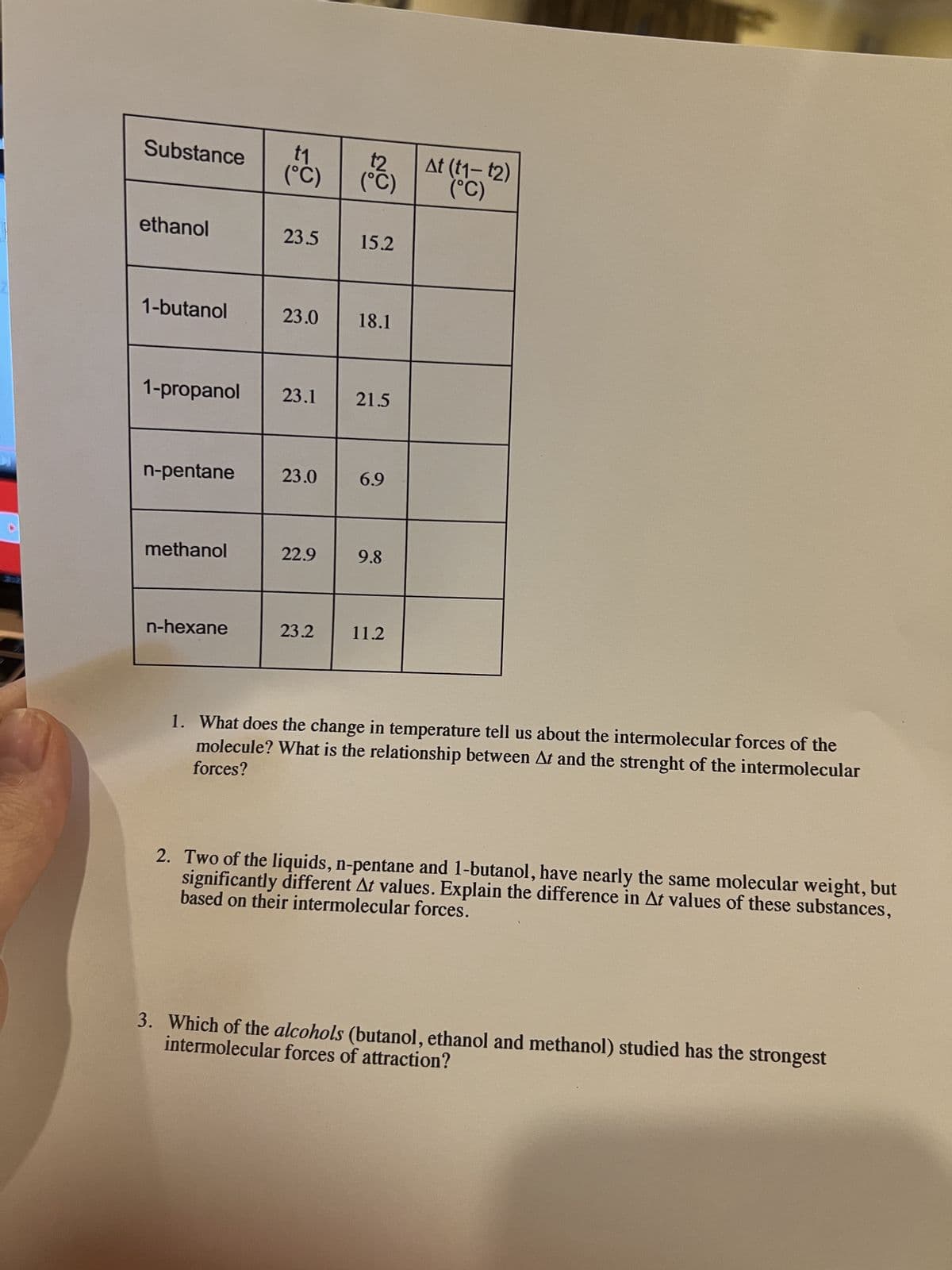4
t₁
Substance (C)
ethanol
1-butanol
1-propanol
n-pentane
methanol
n-hexane
23.5
23.1
23.0 18.1
23.0
22.9
(°C)
23.2
15.2
21.5
6.9
9.8
11.2
At (t1- t2)
(°C)
1. What does the change in temperature tell us about the intermolecular forces of the
forces?
molecule? What is the relationship between At and the strenght of the intermolecular
2. Two of the liquids, n-pentane and 1-butanol, have nearly the same molecular weight, but
based on their intermolecular forces.
significantly different At values. Explain the difference in At values of these substances,
intermolecular forces of attraction?
3. Which of the alcohols (butanol, ethanol and methanol) studied has the strongest