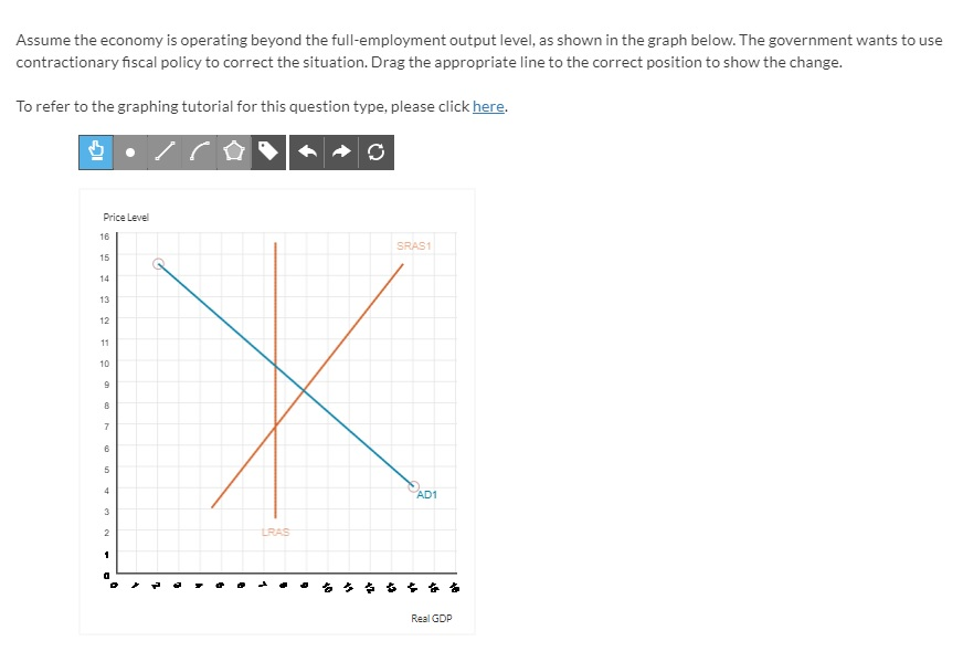 Assume the economy is operating beyond the full-employment output level, as shown in the graph below. The government wants to use
contractionary fiscal policy to correct the situation. Drag the appropriate line to the correct position to show the change.
To refer to the graphing tutorial for this question type, please click here.
B
Price Level
16
15
14
13
12
11
6
10
9
8
7
6
5
4
3
2
1
X
LRAS
SRAS1
AD1
Real GDP