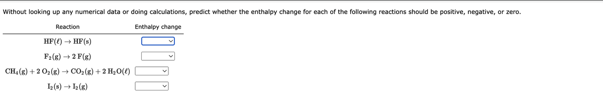 Without looking up any numerical data or doing calculations, predict whether the enthalpy change for each of the following reactions should be positive, negative, or zero.
Enthalpy change
Reaction
HF (l) → HF (s)
F₂ (g) → 2 F(g)
CH4 (g) + 2 O₂(g) → CO2 (g) + 2 H₂O(l)
I₂ (s) → 1₂ (g)