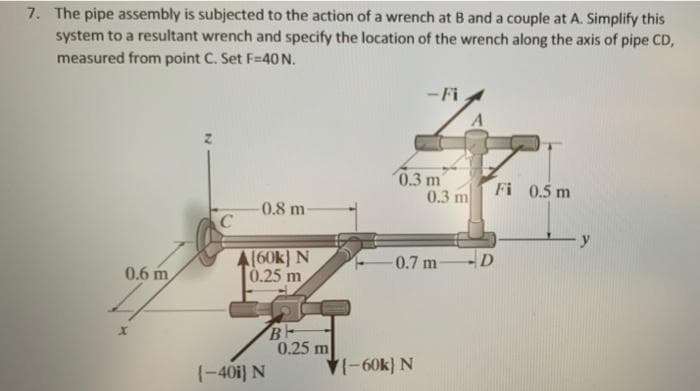 7. The pipe assembly is subjected to the action of a wrench at B and a couple at A. Simplify this
system to a resultant wrench and specify the location of the wrench along the axis of pipe CD,
measured from point C. Set F=40N.
0.6 m
41
-0.8 m
(60k) N
0.25 m
{–40i} N
B
0.25 m
-Fi
0.3 m
0.3 m
0.7 m-
VI-60k) N
Fi 0.5 m
D
y