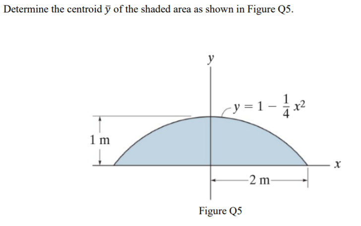 Determine the centroid ỹ of the shaded area as shown in Figure Q5.
y
cy =1- ²
1 m
-2 m
Figure Q5
