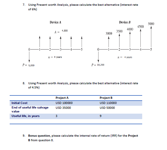 7. Using Present worth Analysis, please calculate the best alternative (interest rate
of 6%)
P = 9,000
Device A
A =
P = 4 years
Initial Cost
End of useful life salvage
value
Useful life, in years
4,000
Project A
USD 100000
USD 35000
3
P= 10,200
3000
9
Device B
3500
8. Using Present worth Analysis, please calculate the best alternative (interest rate
of 4.5%)
Project B
USD 110000
USD 50000
4000
11= 4 years
4500
9. Bonus question, please calculate the internal rate of return (IRR) for the Project
B from question 8.
5000