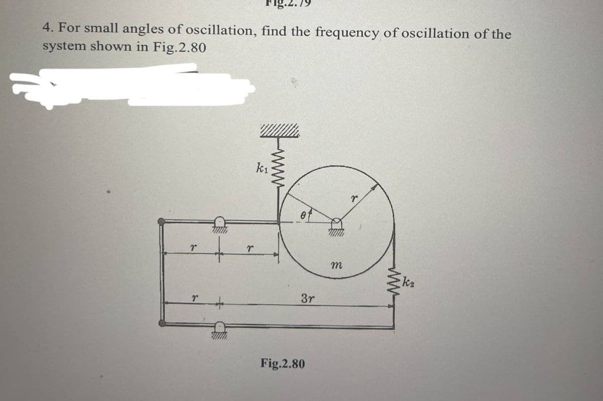 4. For small angles of oscillation, find the frequency of oscillation of the
system shown in Fig.2.80
kı
m
3r
Fig.2.80
