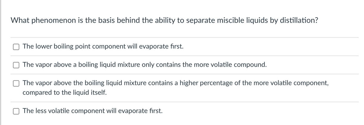 What phenomenon is the basis behind the ability to separate miscible liquids by distillation?
The lower boiling point component will evaporate first.
The vapor above a boiling liquid mixture only contains the more volatile compound.
The vapor above the boiling liquid mixture contains a higher percentage of the more volatile component,
compared to the liquid itself.
The less volatile component will evaporate first.