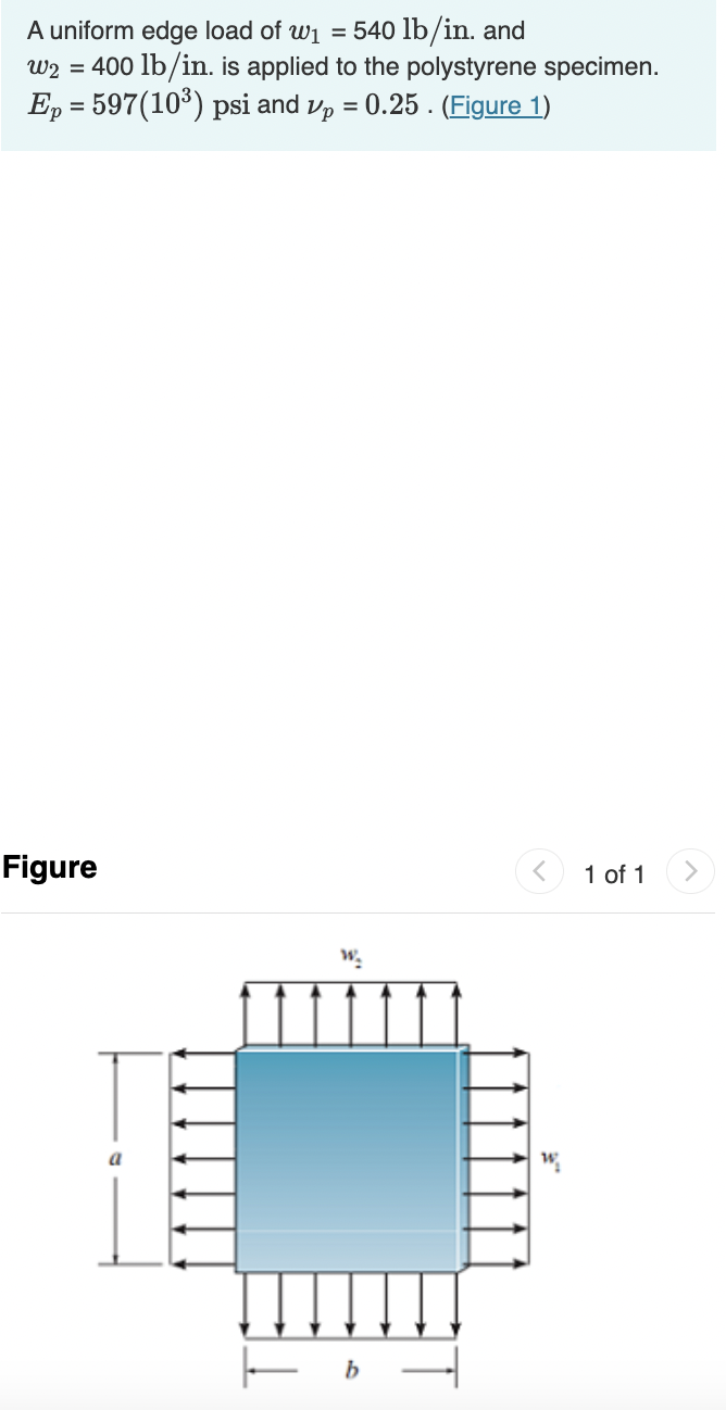 A uniform edge load of w₁ = 540 lb/in. and
W2 = 400 lb/in. is applied to the polystyrene specimen.
Ep = 597 (10³) psi and vp = 0.25. (Figure 1)
Figure
T
W₂
b -
<
1 of 1