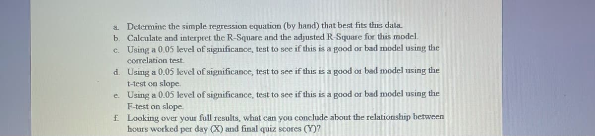 a Determine the simple regression equation (by hand) that best fits this data
b. Calculate and interpret the R-Square and the adjusted R-Square for this model.
c. Using a 0.05 level of significance, test to see if this is a good or bad model using the
correlation test.
d. Using a 0.05 level of significance, test to see if this is a good or bad model using the
t-test on slope.
e. Using a 0.05 level of significance, test to see if this is a good or bad model using the
F-test on slope.
f. Looking over your full results, what can you conclude about the relationship between
hours worked per day (X) and final quiz scores (Y)?
