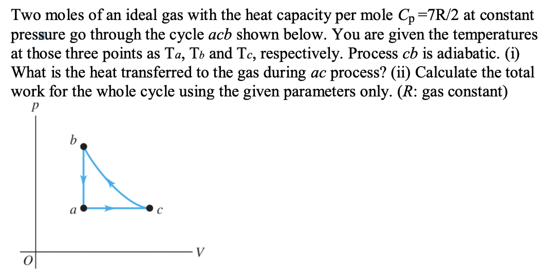 Two moles of an ideal gas with the heat capacity per mole Cp=7R/2 at constant
pressure go through the cycle acb shown below. You are given the temperatures
at those three points as Ta, Tb and Tc, respectively. Process cb is adiabatic. (i)
What is the heat transferred to the gas during ac process? (ii) Calculate the total
work for the whole cycle using the given parameters only. (R: gas constant)
P
b
a
V