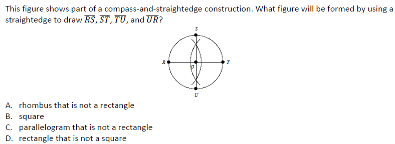 This figure shows part of a compass-and-straightedge construction. What figure will be formed by using a
straightedge to draw RS, ST, TU, and UR?
R
A. rhombus that is not a rectangle
B. square
C. parallelogram that is not a rectangle
D. rectangle that is not a square
