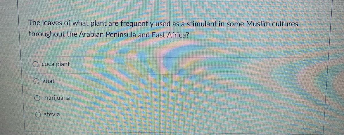 The leaves of what plant are frequently used as a stimulant in some Muslim cultures
throughout the Arabian Peninsula and East Africa?
O coca plant
O khat
O marijuana
O stevia
