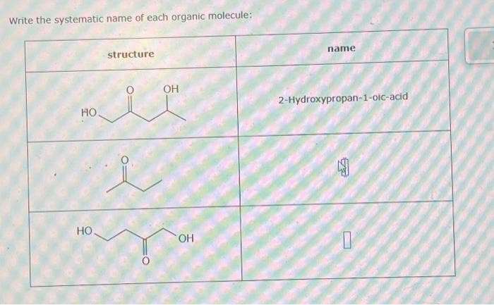 Write the systematic name of each organic molecule:
HO
HO.
structure
i
i
OH
OH
name
2-Hydroxypropan-1-oic-acid