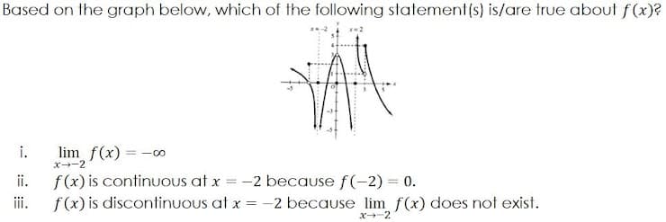 Based on the graph below, which of the following statement(s) is/are true about f(x)?
i.
lim f(x) = -o
x--2
ii.
f(x) is continuOUs at x = -2 because f(-2) = 0.
iii.
f (x) is discontinuous at x = -2 because lim f(x) does not exist.
x-2
