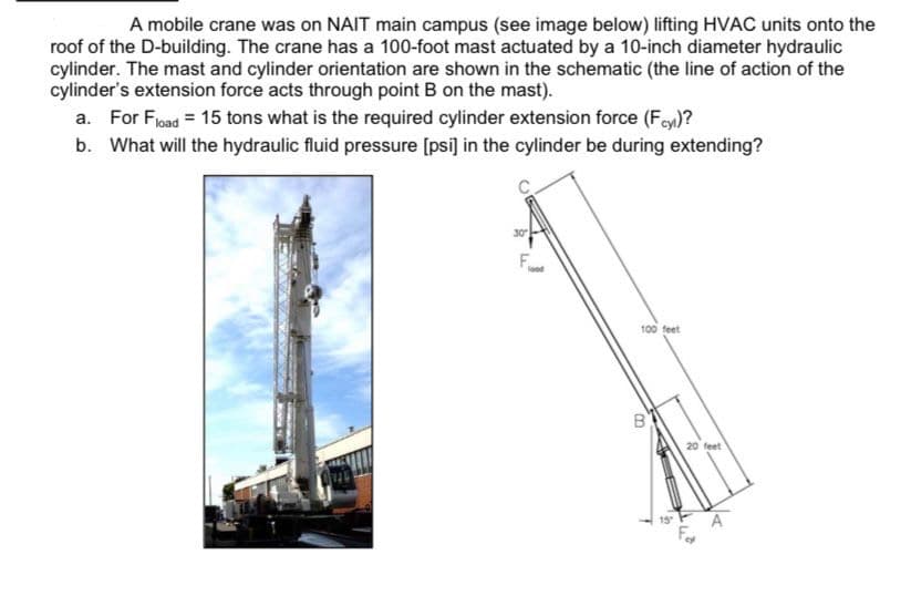 A mobile crane was on NAIT main campus (see image below) lifting HVAC units onto the
roof of the D-building. The crane has a 100-foot mast actuated by a 10-inch diameter hydraulic
cylinder. The mast and cylinder orientation are shown in the schematic (the line of action of the
cylinder's extension force acts through point B on the mast).
a. For Fload = 15 tons what is the required cylinder extension force (Fy)?
b. What will the hydraulic fluid pressure [psi] in the cylinder be during extending?
100 feet
B.
20 feet
