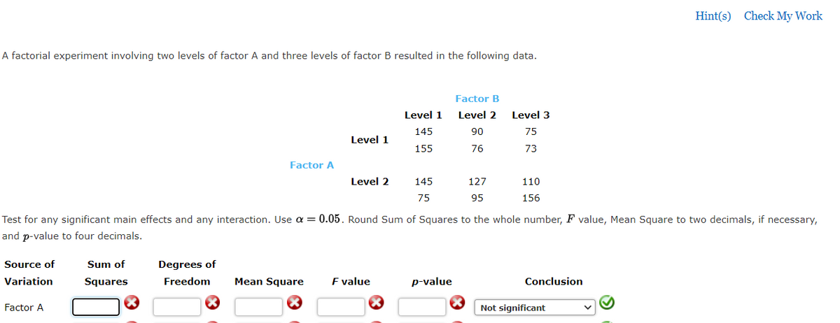 Hint(s) Check My Work
A factorial experiment involving two levels of factor A and three levels of factor B resulted in the following data.
Factor B
Level 1
Level 2
Level 3
145
90
75
Level 1
155
76
73
Factor A
Level 2
145
127
110
75
95
156
Test for any significant main effects and any interaction. Use a = 0.05. Round Sum of Squares to the whole number, F value, Mean Square to two decimals, if necessary,
and p-value to four decimals.
Source of
Sum of
Degrees of
Variation
Squares
Freedom
Mean Square
F value
p-value
Conclusion
Factor A
Not significant
