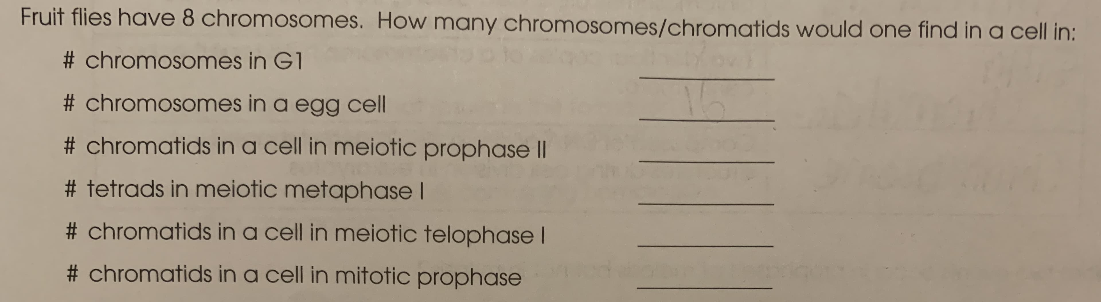 Fruit flies have 8 chromosomes. How many chromosomes/chromatids would one find in a cell in:
# chromosomes in G1
# chromosomes in a egg cll
# chromatids in a cell in meiotic prophase II
%# tetrads in meiotic metaphase I
# chromatids in a cell in meiotic telophase I
# chromatids in a cell in mitotic prophase
