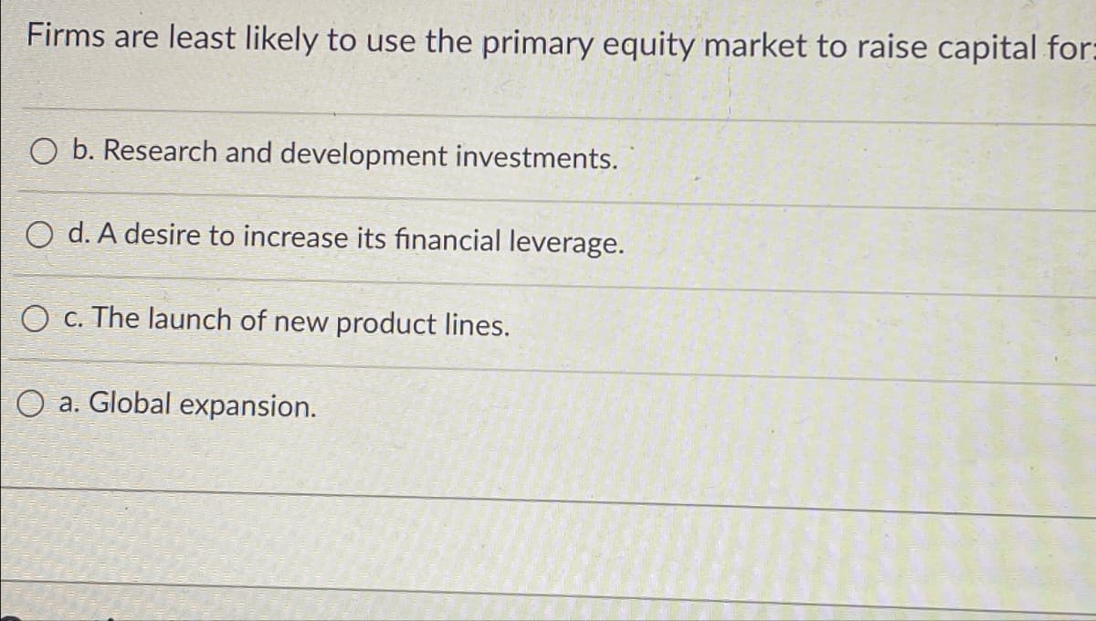 Firms are least likely to use the primary equity market to raise capital for:
O b. Research and development investments.
O d. A desire to increase its financial leverage.
O c. The launch of new product lines.
O a. Global expansion.