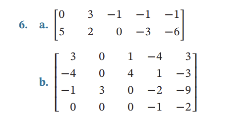 ### Example 6:

#### a. 

\[ \begin{bmatrix}
0 & 3 & -1 & -1 & -1\\ 
5 & 2 & 0 & -3 & -6
\end{bmatrix} \]

#### b.

\[ \begin{bmatrix}
3 & 0 & 1 & -4 & 3\\
-4 & 0 & 4 & 1 & -3\\
-1 & 3 & 0 & -2 & -9\\
0 & 0 & 0 & -1 & -2
\end{bmatrix} \]

---

### Explanation:

These matrices are part of an example in a linear algebra topic, likely focusing on matrix operations such as addition, multiplication, determinants, or systems of linear equations.

- **Matrix a** is a \(2 \times 5\) matrix, indicating it has 2 rows and 5 columns.
- **Matrix b** is a \(4 \times 5\) matrix, indicating it has 4 rows and 5 columns.

This example can be used to illustrate various operations or properties of matrices such as row reduction, the concept of rank, or solving systems of linear equations using row transformations.