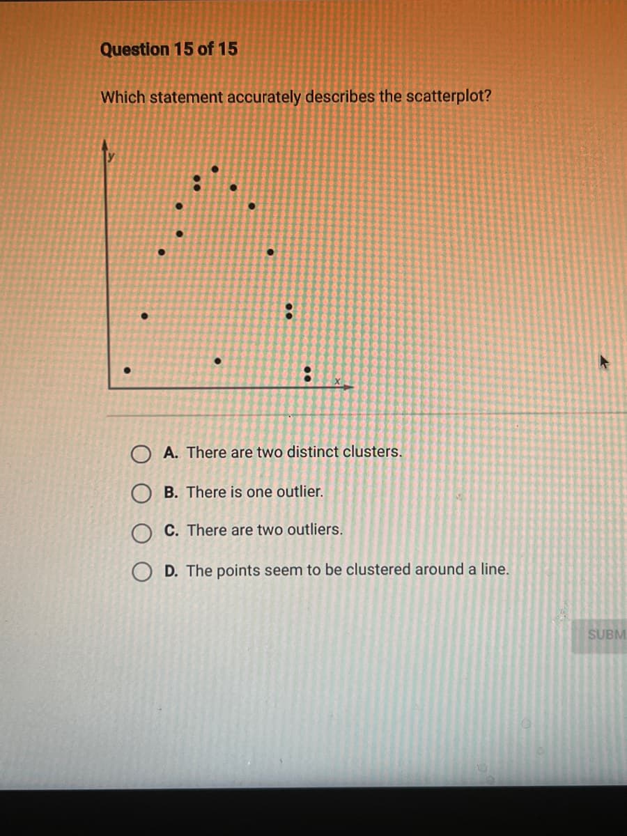 Question 15 of 15
Which statement accurately describes the scatterplot?
y
8
:
OA. There are two distinct clusters.
OB. There is one outlier.
OC. There are two outliers.
OD. The points seem to be clustered around a line.
A
SUBM