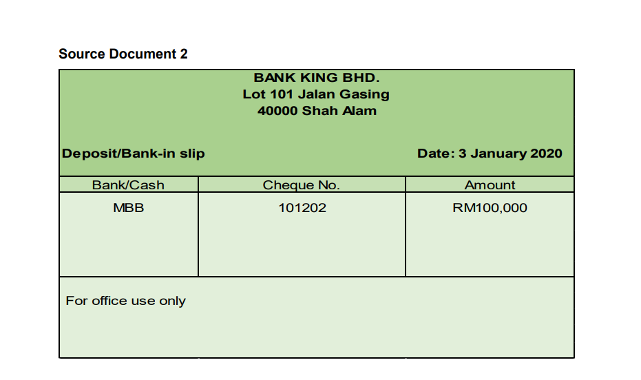 Source Document 2
BANK KING BHD.
Lot 101 Jalan Gasing
40000 Shah Alam
Deposit/Bank-in slip
Date: 3 January 2020
Bank/Cash
Cheque No.
Amount
MBB
101202
RM100,000
For office use only
