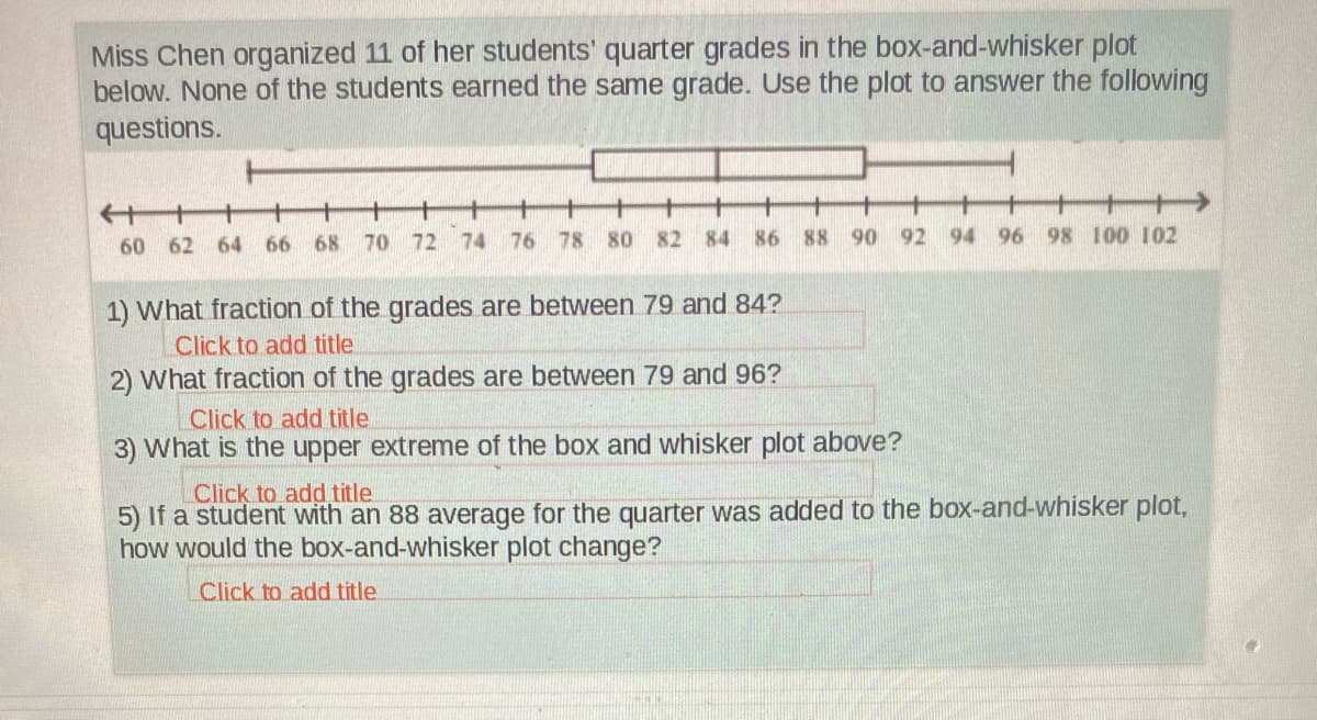 Miss Chen organized 11 of her students' quarter grades in the box-and-whisker plot
below. None of the students earned the same grade. Use the plot to answer the following
questions.
60 62 64 66 68 70 72 74 76 78 80 82 84 86 88
90 92 94 96 98 100 102
1) What fraction of the grades are between 79 and 84?
Click to add title.
2) What fraction of the grades are between 79 and 96?
Click to add title
3) What is the upper extreme of the box and whisker plot above?
Click to add title
5) If a student with an 88 average for the quarter was added to the box-and-whisker plot,
how would the box-and-whisker plot change?
Click to add title.
