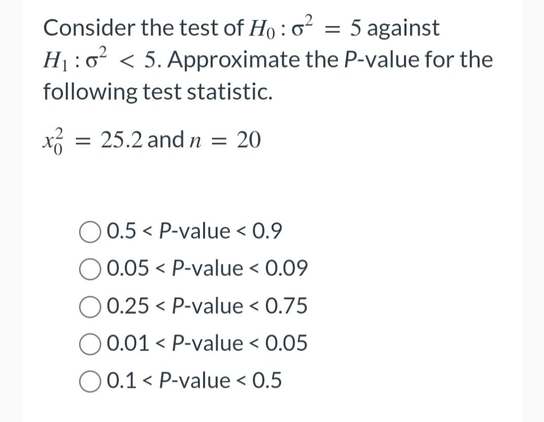 Consider the test of Ho: o² = 5 against
H₁:0² < 5. Approximate the P-value for the
following test statistic.
x² = = 25.2 and n = 20
0.5 P-value < 0.9
0.05 P-value < 0.09
O 0.25 < P-value < 0.75
O 0.01 < P-value < 0.05
0.1 < P-value < 0.5