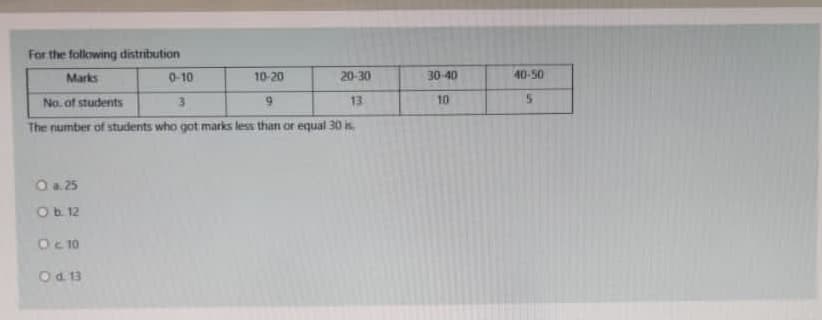 For the following distribution
Marks
0-10
10-20
20-30
30-40
40-50
No. of students
3.
13
10
The number of students who got marks less than or equal 30 is
O a. 25
Ob. 12
Oc 10
Od 13
