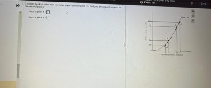 K
Calculate the slope of the total cont curve al point A and at point in the figure ound both an
one docimal place)
Slope at point.
Slope of point -
Þ
O Point of 1
of produ
I FIL
15
To cont
Save